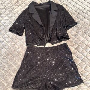 Black Sequin Women's Shorts Set
